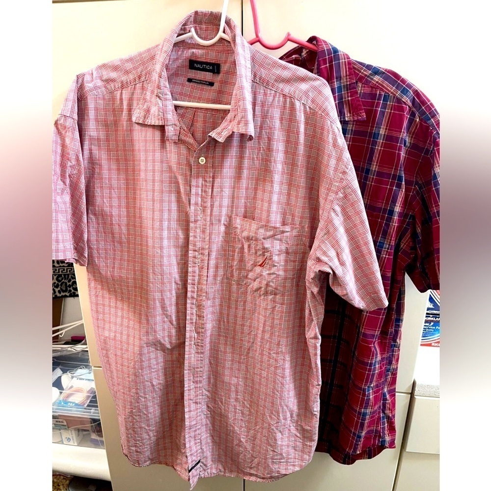 Lot Of 2 Nautica Mens Plaid Button Up Shirt Short Sleeve Sanded Poplin 2XL